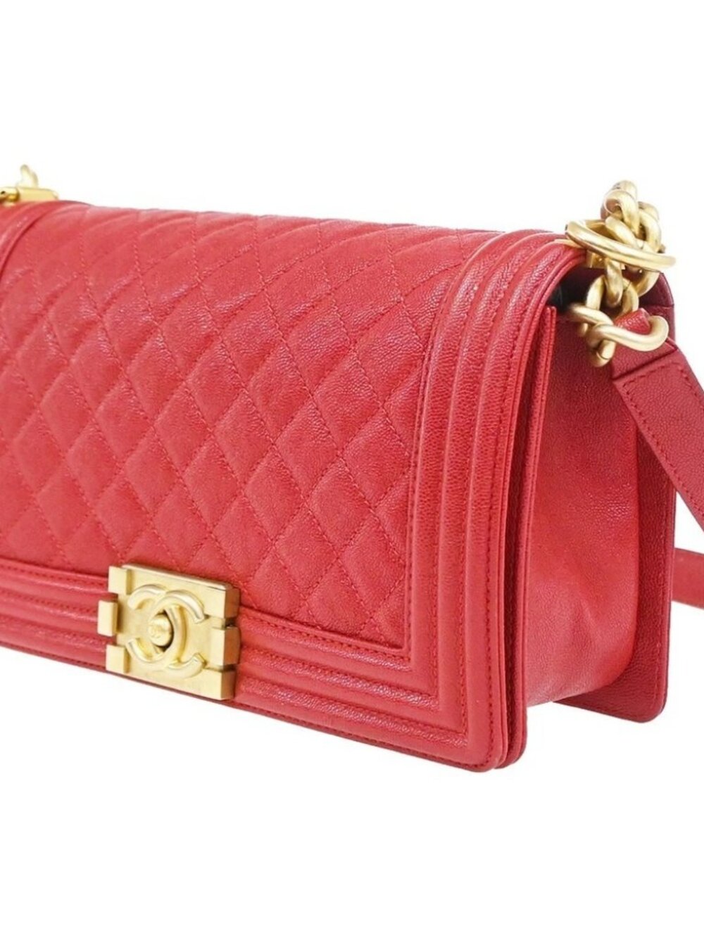 CHANEL Boy Chain Shoulder Bag Calfskin Leather Red GHW CC Logo France - Picture 2 of 13